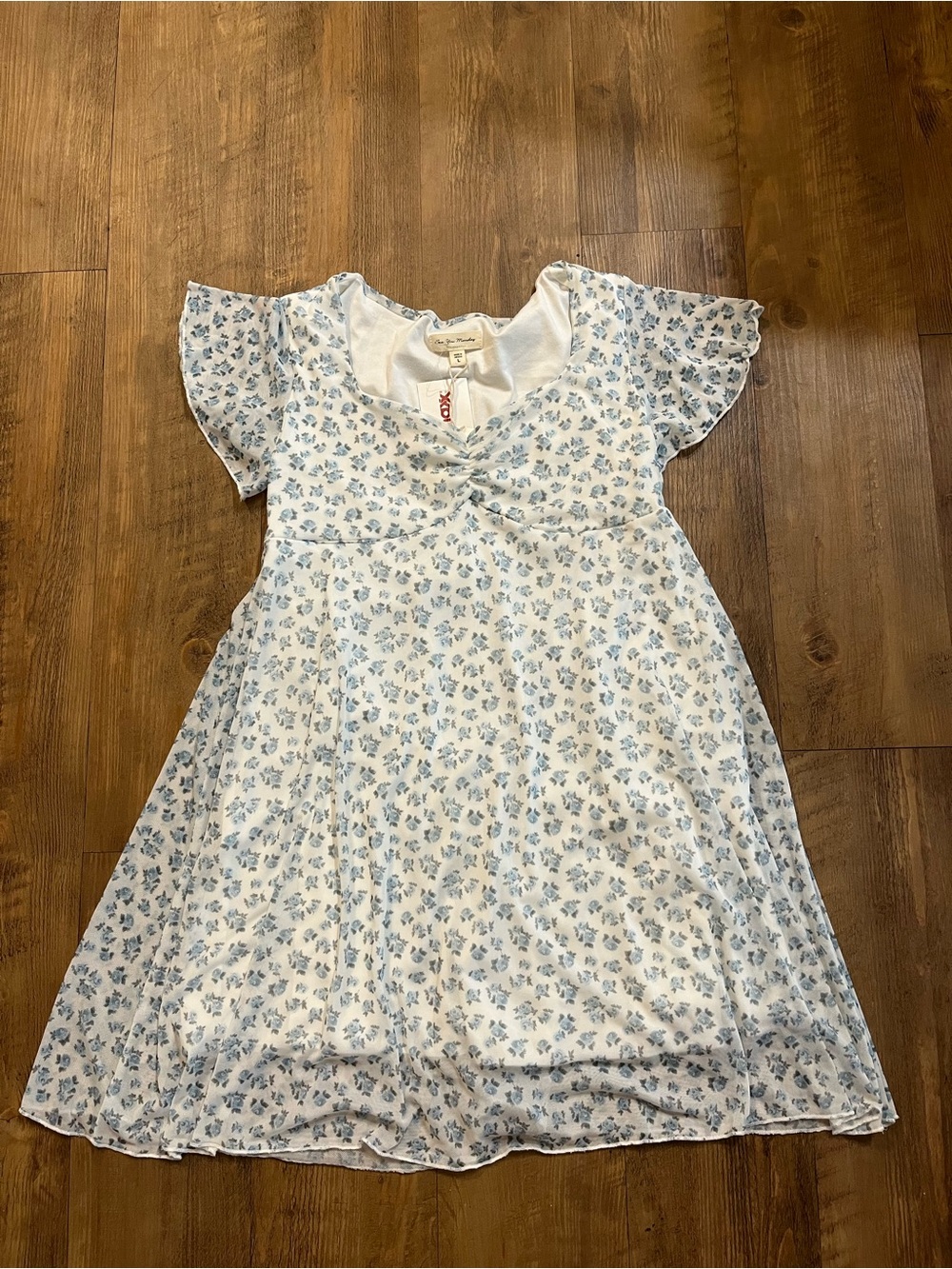 See You Monday White Dress with Blue Flowers